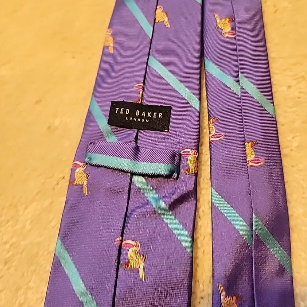 Ted Baker London Silk Neck Tie Mens Repp Purple Embroidered Birds Satin